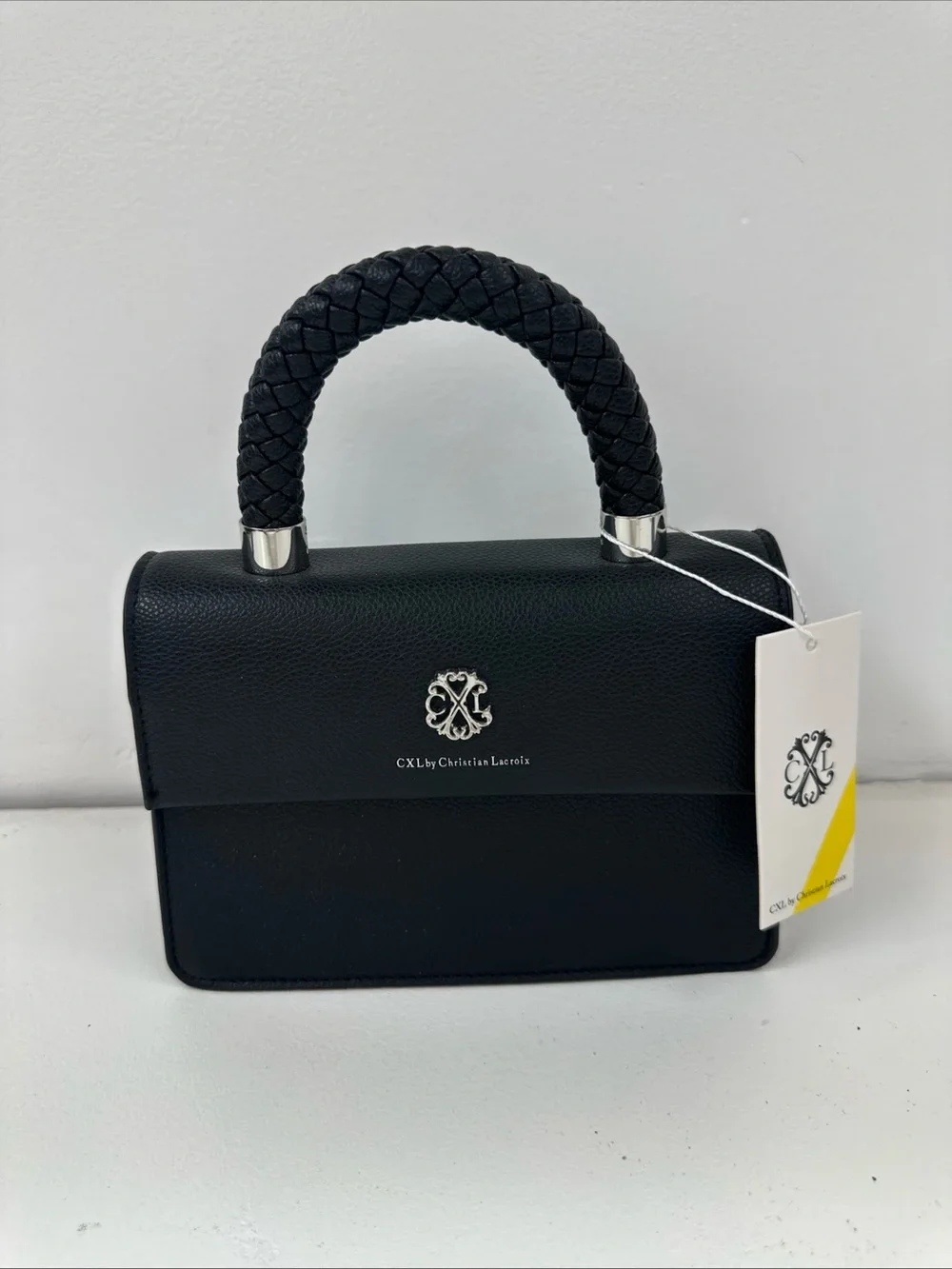 CXL by Christian Lacroix Black Top Handle Bag Braided Handle Pebbled Silver